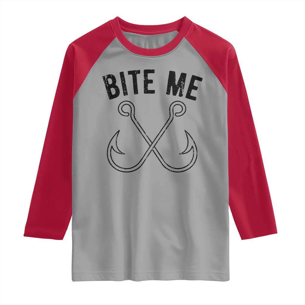 Cool Catchy Angler Raglan Shirt Retro Bite Me Bass Fishing Fishermen TS10 Sport Gray Red Print Your Wear