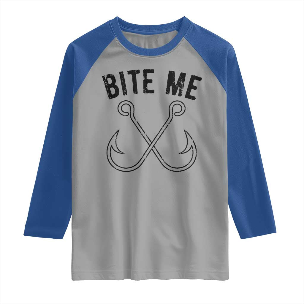 Cool Catchy Angler Raglan Shirt Retro Bite Me Bass Fishing Fishermen TS10 Sport Gray Royal Print Your Wear
