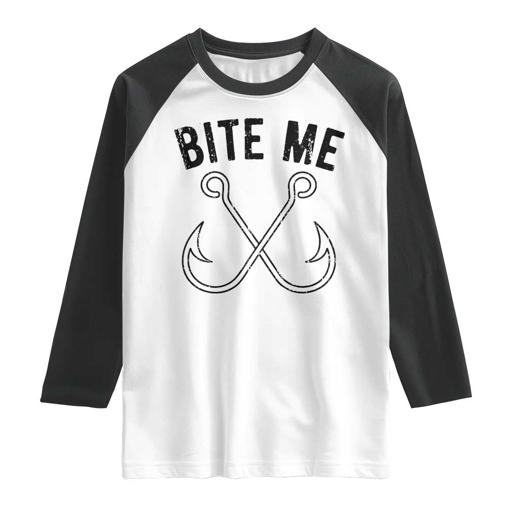 Cool Catchy Angler Raglan Shirt Retro Bite Me Bass Fishing Fishermen TS10 White Black Print Your Wear