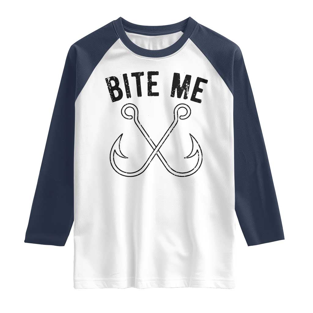 Cool Catchy Angler Raglan Shirt Retro Bite Me Bass Fishing Fishermen TS10 White Navy Print Your Wear