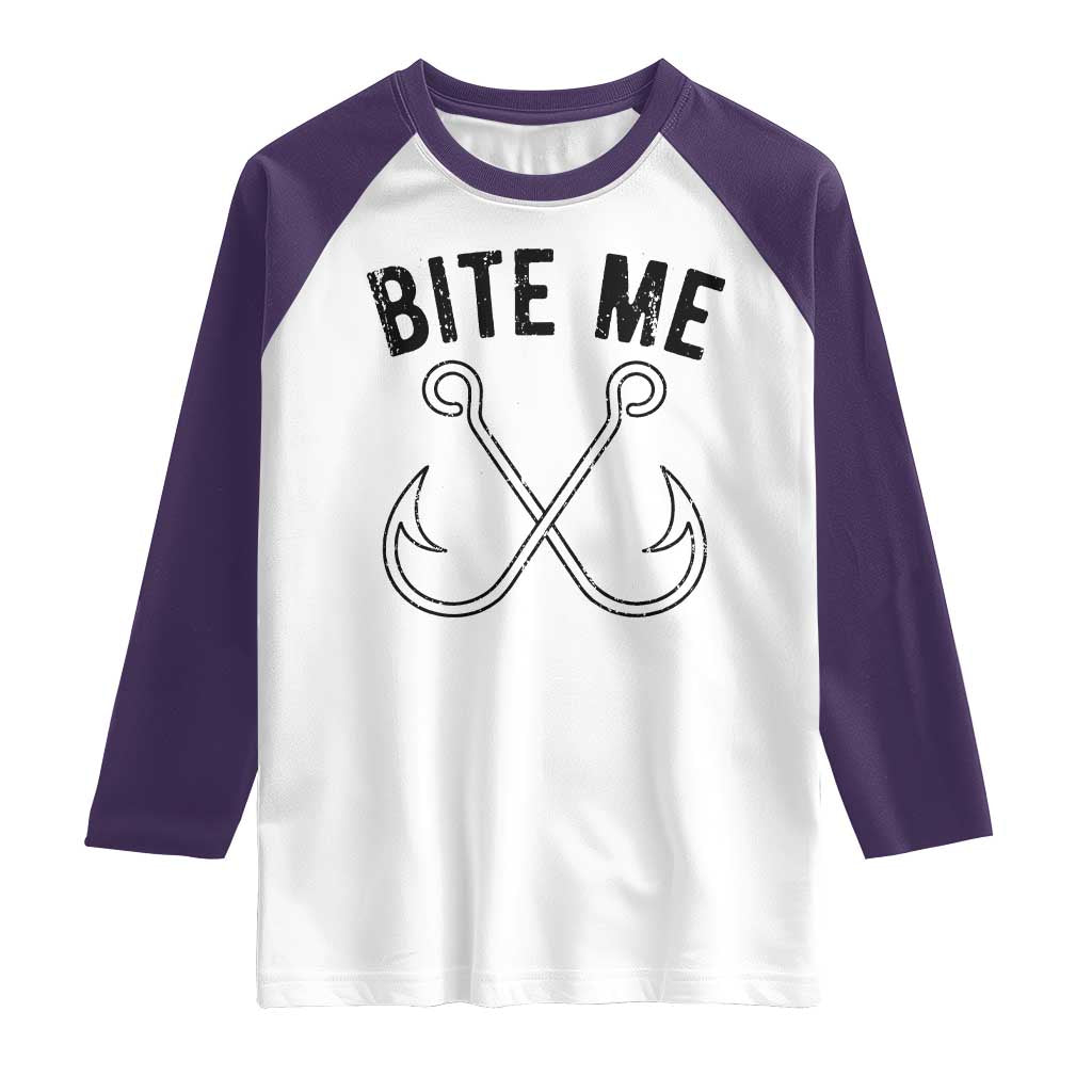 Cool Catchy Angler Raglan Shirt Retro Bite Me Bass Fishing Fishermen TS10 White Purple Print Your Wear