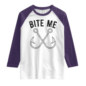 Cool Catchy Angler Raglan Shirt Retro Bite Me Bass Fishing Fishermen TS10 White Purple Print Your Wear