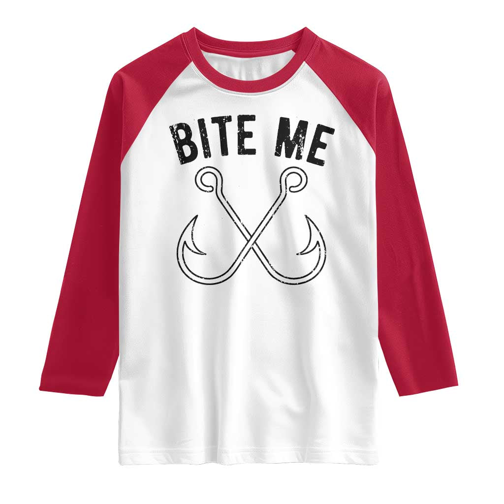 Cool Catchy Angler Raglan Shirt Retro Bite Me Bass Fishing Fishermen TS10 White Red Print Your Wear