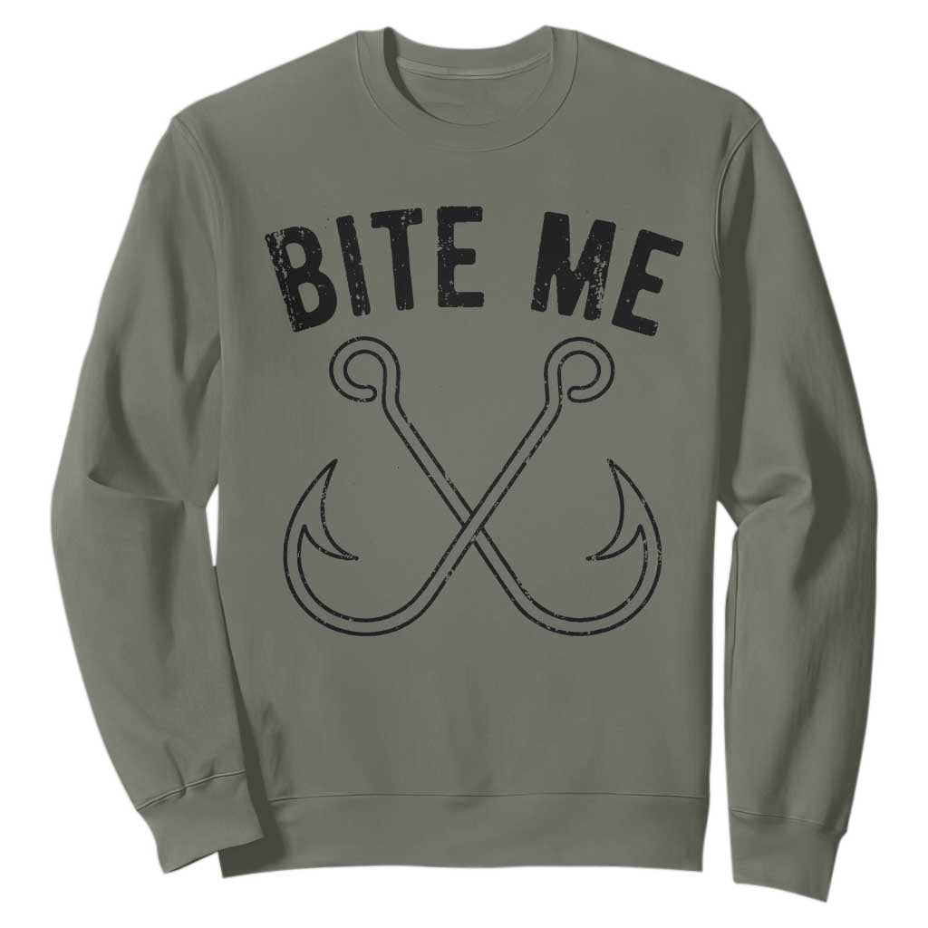 Cool Catchy Angler Sweatshirt Retro Bite Me Bass Fishing Fishermen TS10 Military Green Print Your Wear