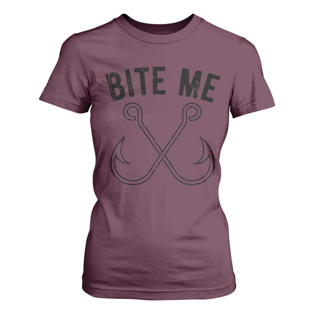Cool Catchy Angler T Shirt For Women Retro Bite Me Bass Fishing Fishermen TS10 Maroon Print Your Wear