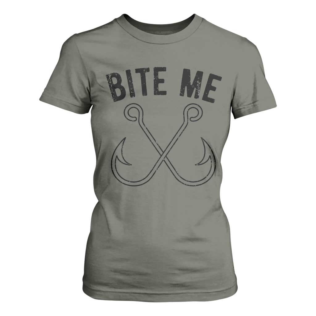 Cool Catchy Angler T Shirt For Women Retro Bite Me Bass Fishing Fishermen TS10 Military Green Print Your Wear