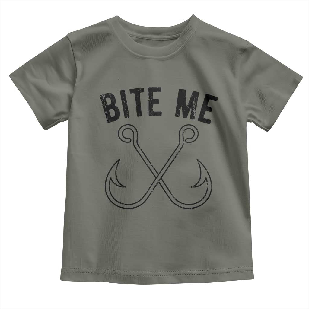 Cool Catchy Angler Toddler T Shirt Retro Bite Me Bass Fishing Fishermen TS10 Military Green Print Your Wear