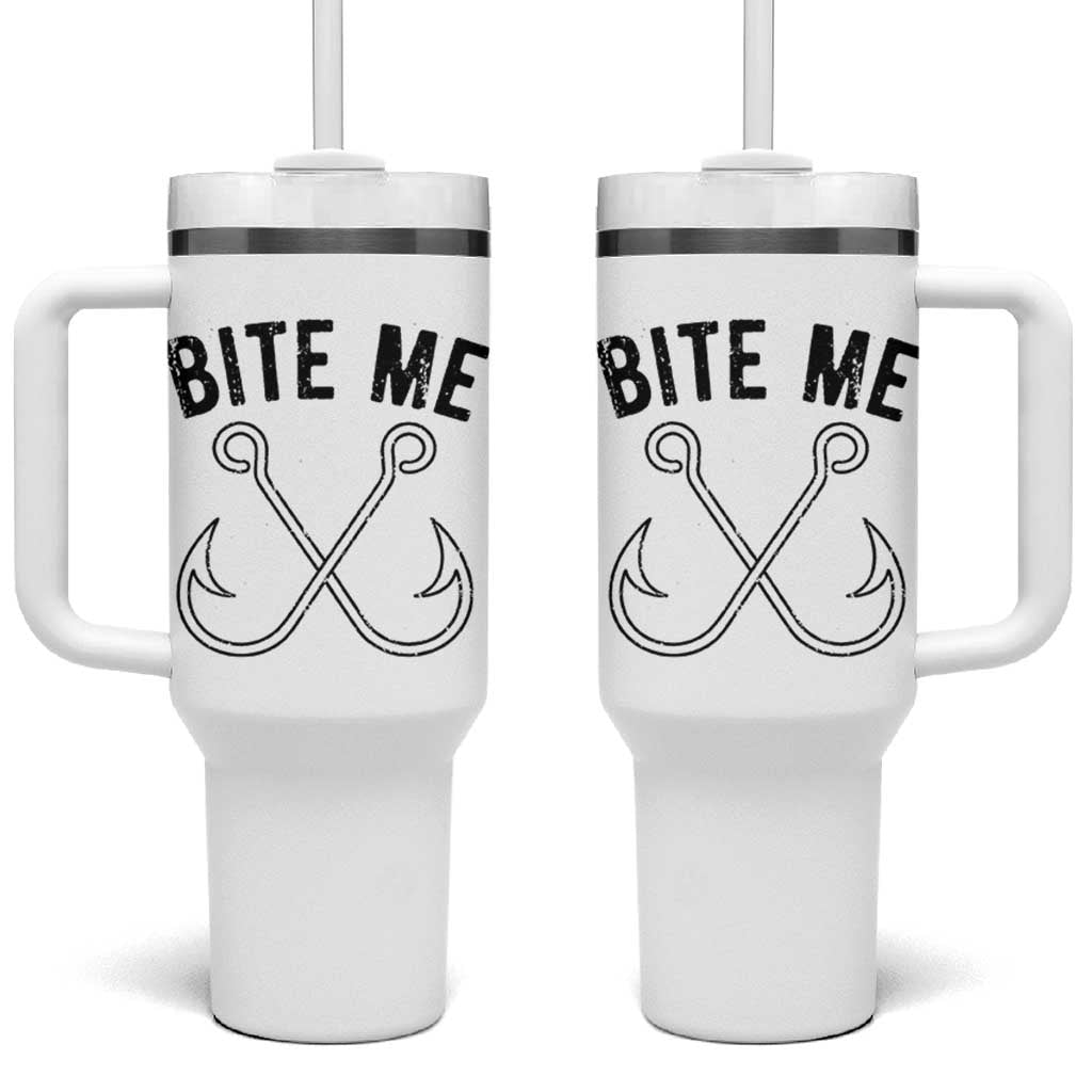 Cool Catchy Angler Tumbler With Handle Retro Bite Me Bass Fishing Fishermen TS10 One Size: 40 oz White Print Your Wear