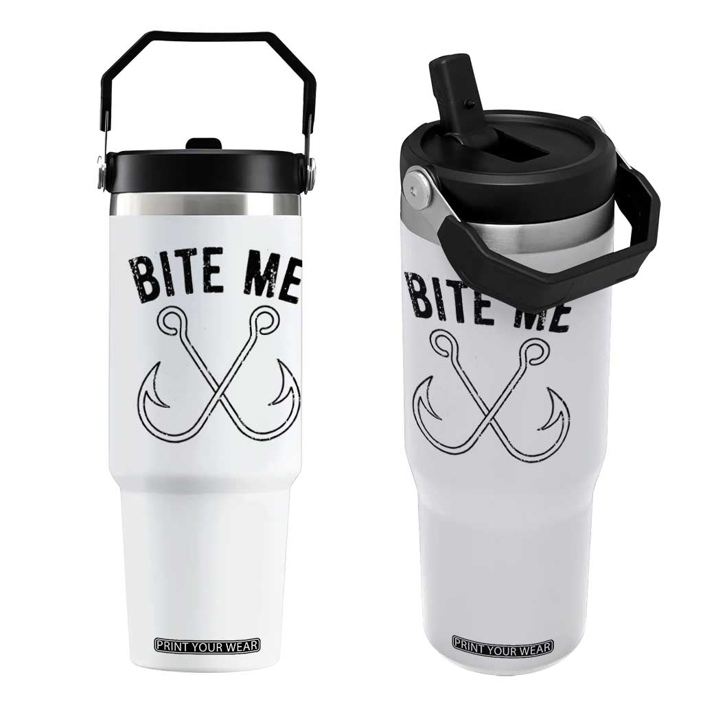 Cool Catchy Angler Flip Straw Tumbler Retro Bite Me Bass Fishing Fishermen TS10 One Size: 30 oz White Print Your Wear