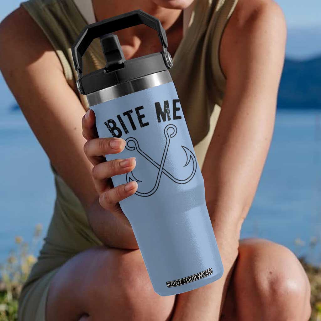Cool Catchy Angler Flip Straw Tumbler Retro Bite Me Bass Fishing Fishermen TS10 One Size: 30 oz Light Blue Print Your Wear