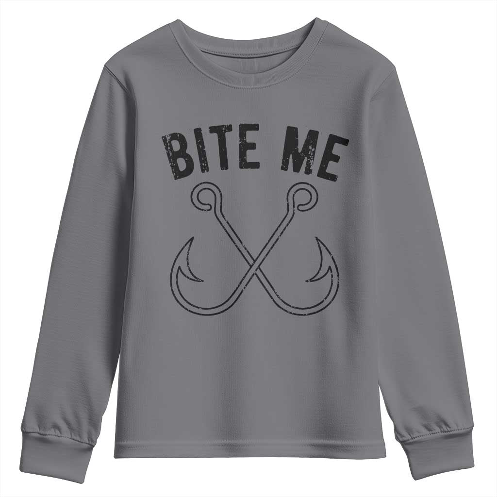 Cool Catchy Angler Youth Sweatshirt Retro Bite Me Bass Fishing Fishermen TS10 Charcoal Print Your Wear