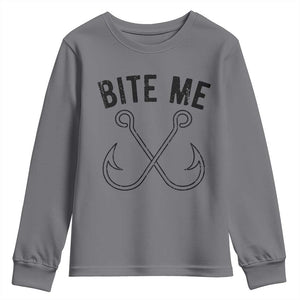Cool Catchy Angler Youth Sweatshirt Retro Bite Me Bass Fishing Fishermen TS10 Charcoal Print Your Wear