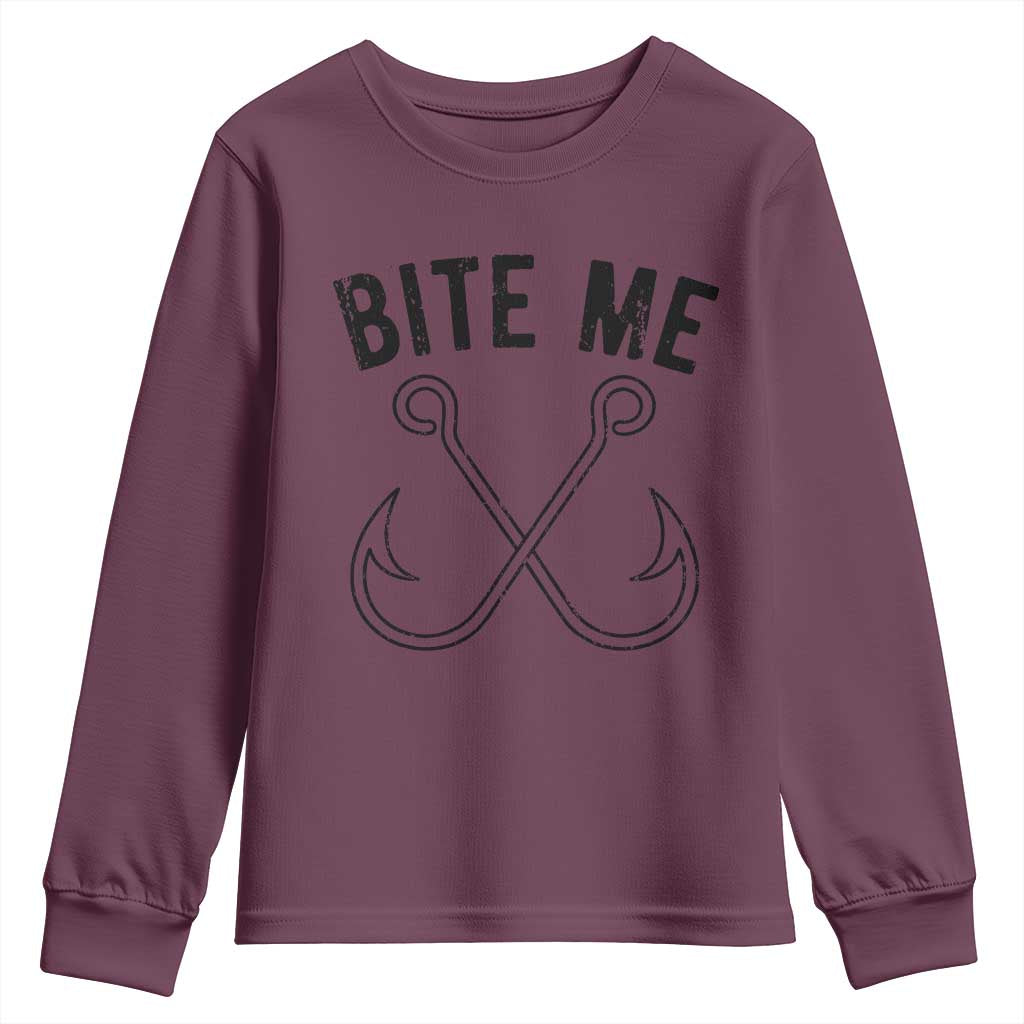 Cool Catchy Angler Youth Sweatshirt Retro Bite Me Bass Fishing Fishermen TS10 Maroon Print Your Wear