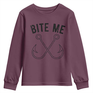 Cool Catchy Angler Youth Sweatshirt Retro Bite Me Bass Fishing Fishermen TS10 Maroon Print Your Wear