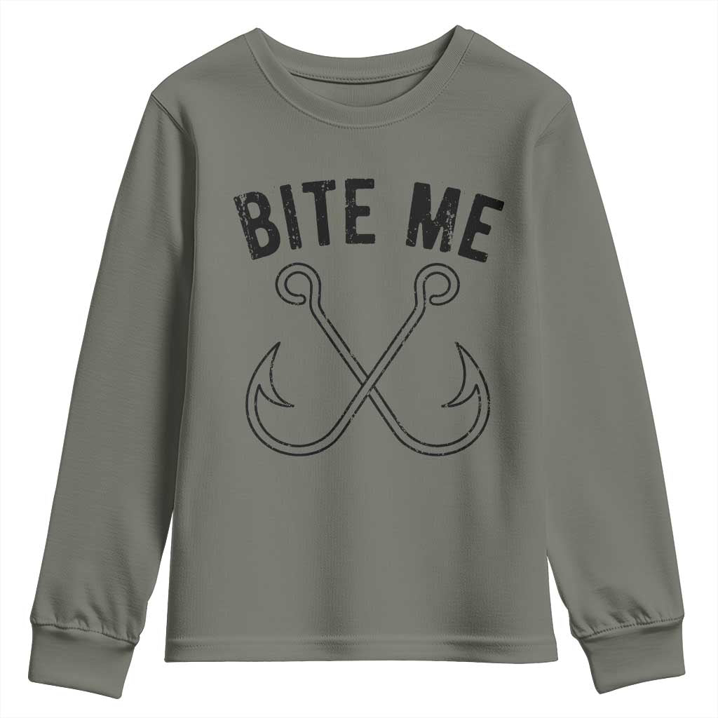 Cool Catchy Angler Youth Sweatshirt Retro Bite Me Bass Fishing Fishermen TS10 Military Green Print Your Wear