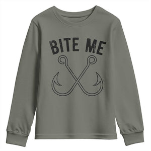 Cool Catchy Angler Youth Sweatshirt Retro Bite Me Bass Fishing Fishermen TS10 Military Green Print Your Wear