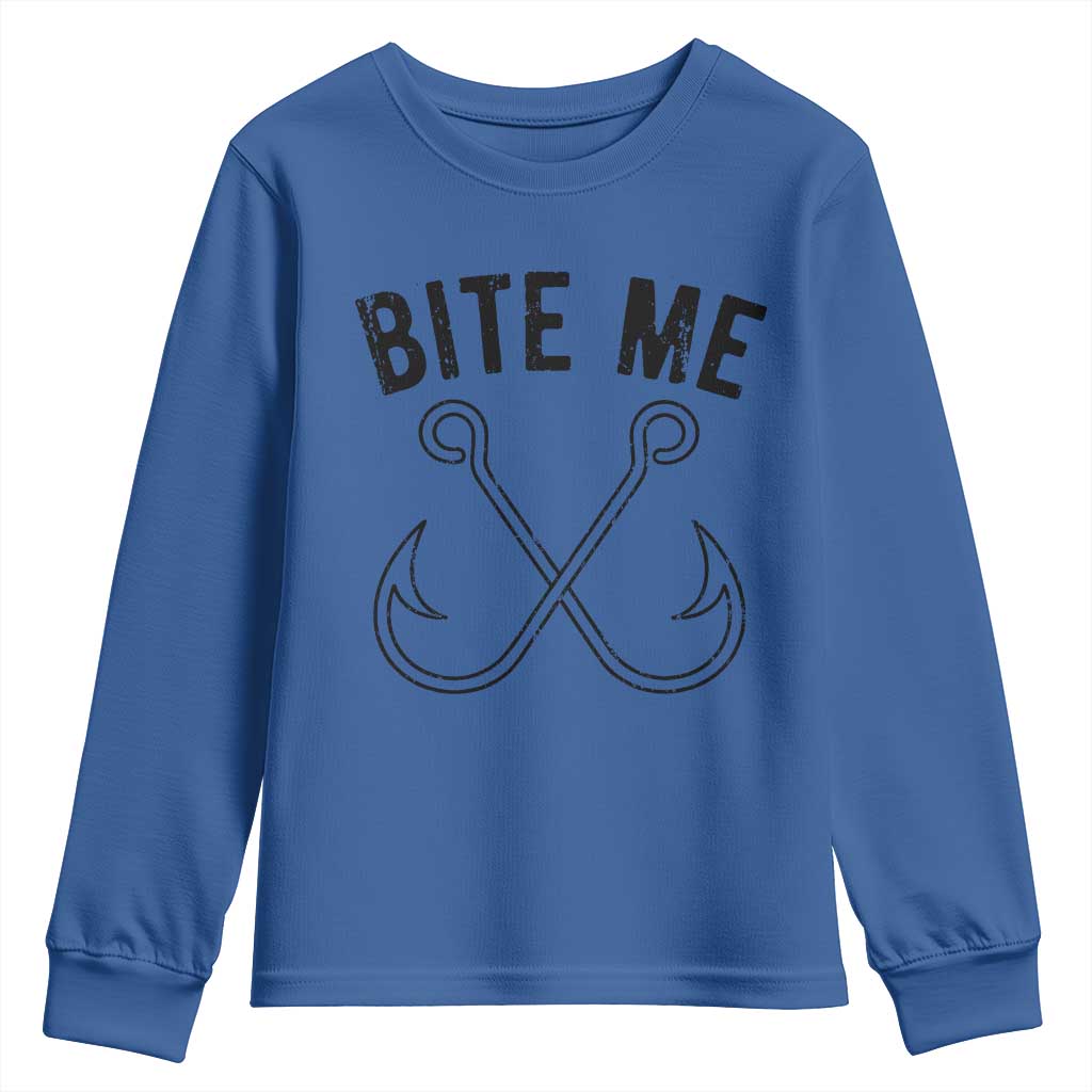 Cool Catchy Angler Youth Sweatshirt Retro Bite Me Bass Fishing Fishermen TS10 Royal Blue Print Your Wear