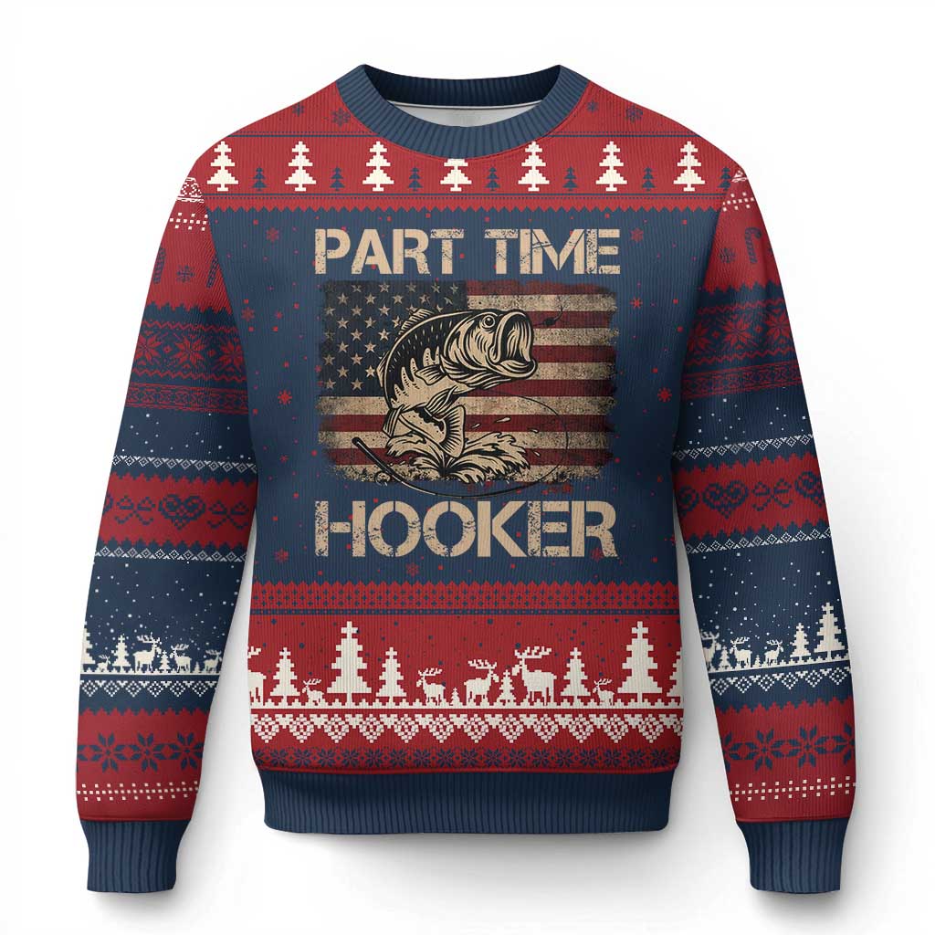 Part Time Hooker Ugly Christmas Sweater Funny Fishing USA Flag Patriotic Fisherman TS10 Navy Red Print Your Wear