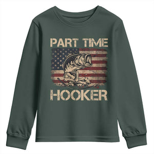 Part Time Hooker Youth Sweatshirt Funny Fishing USA Flag Patriotic Fisherman TS10 Dark Forest Green Print Your Wear