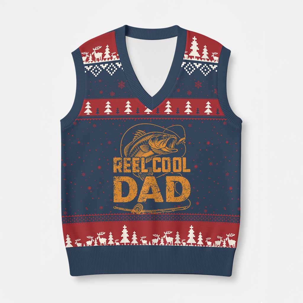 Reel Cool Dad V-Neck Knit Sweater Vest Funny Fishing Fisherman Fathers Day TS10 Navy Red Print Your Wear