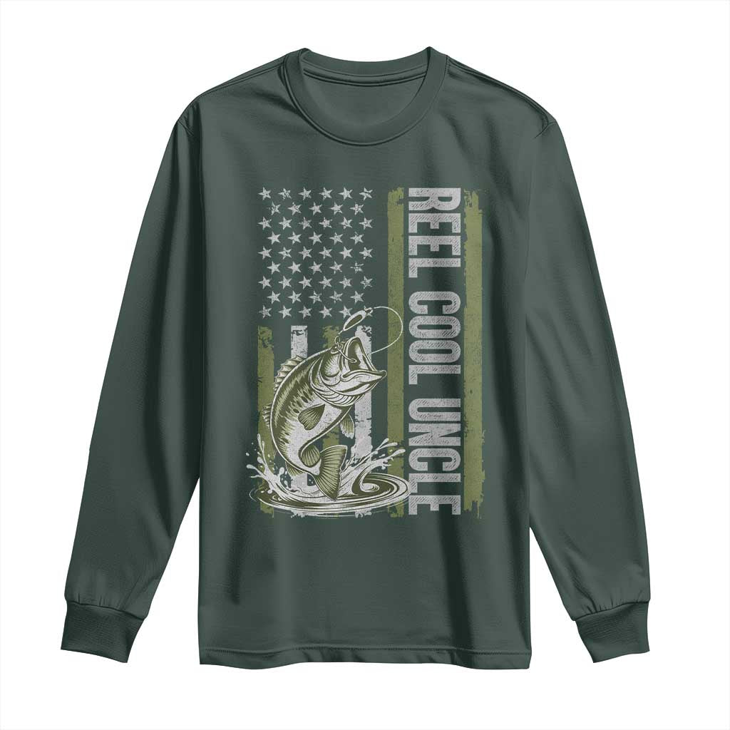 Uncle Fishing Long Sleeve Shirt Reel Cool Uncle Fisherman US Flag TS10 Dark Forest Green Print Your Wear