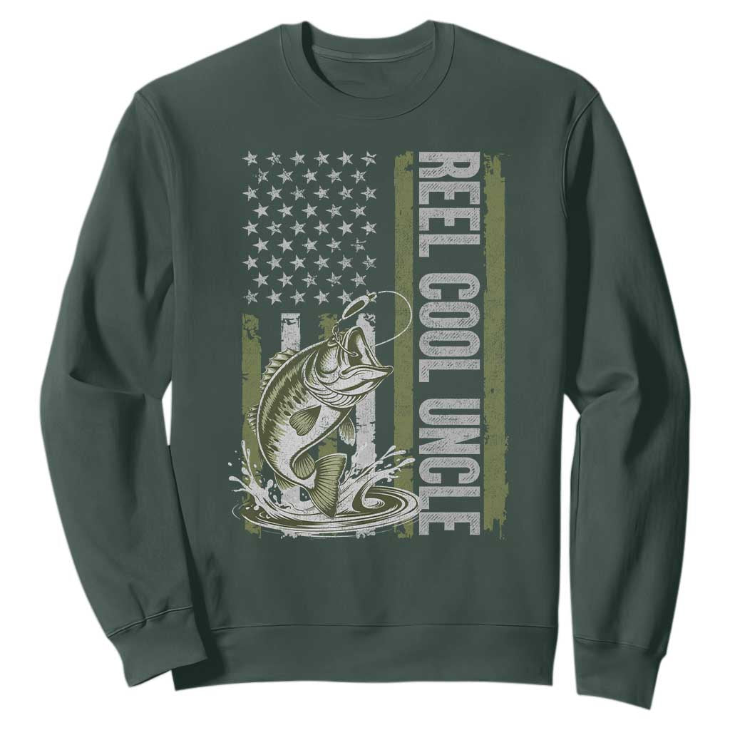 Uncle Fishing Sweatshirt Reel Cool Uncle Fisherman US Flag TS10 Dark Forest Green Print Your Wear