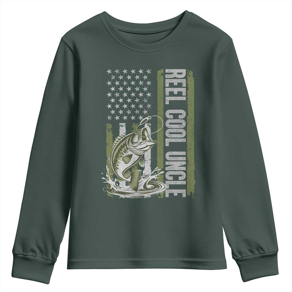 Uncle Fishing Youth Sweatshirt Reel Cool Uncle Fisherman US Flag TS10 Dark Forest Green Print Your Wear