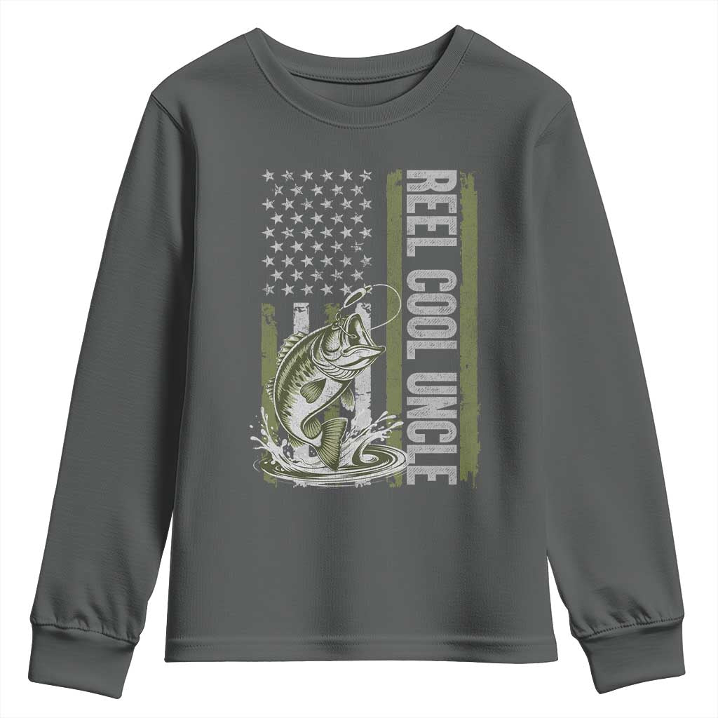 Uncle Fishing Youth Sweatshirt Reel Cool Uncle Fisherman US Flag TS10 Dark Heather Print Your Wear