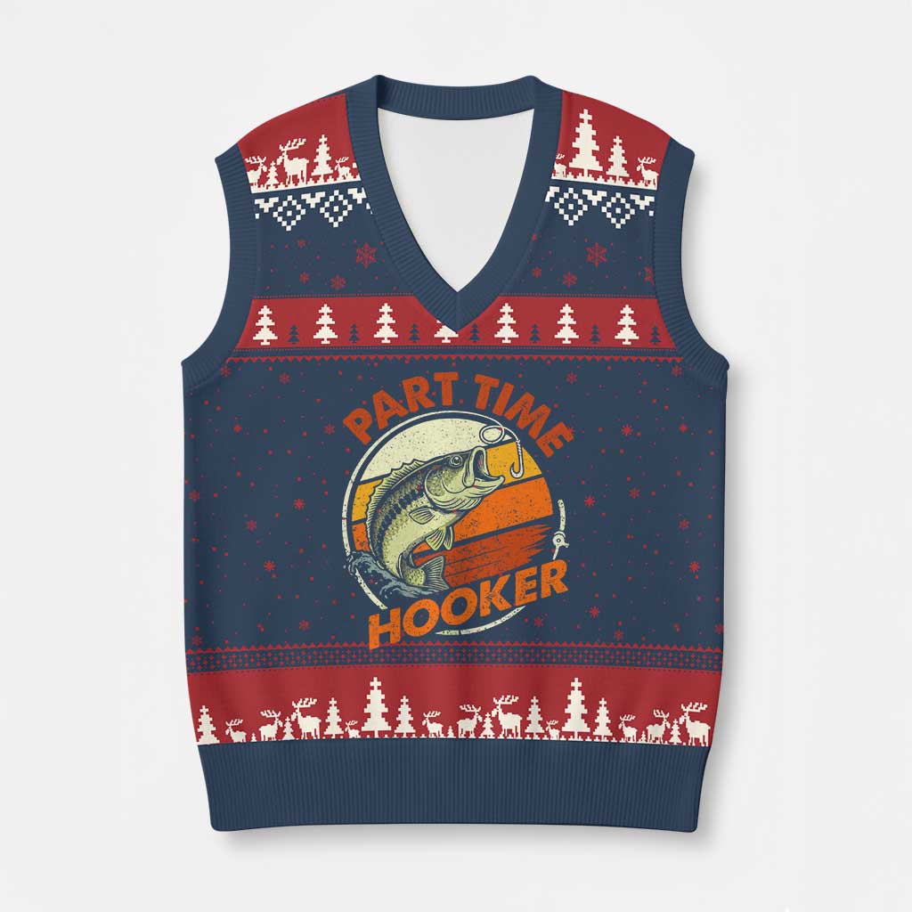 Part Time Hooker V-Neck Knit Sweater Vest Retro Funny Fishing TS10 Navy Red Print Your Wear