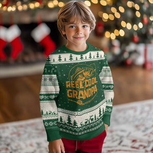 Reel Cool Grandpa Ugly Christmas Sweater Funny Fishing Fisherman Fathers Day TS10 Forest Green Beige Print Your Wear