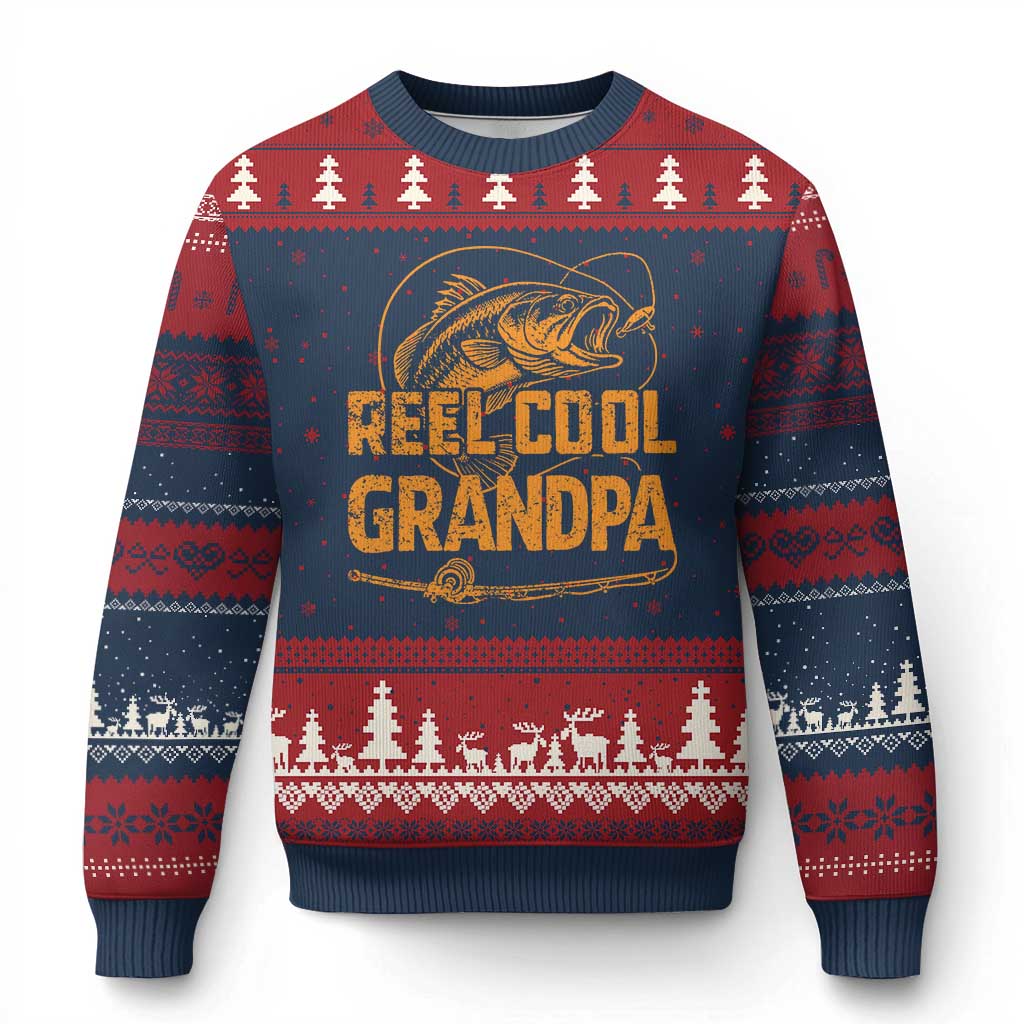 Reel Cool Grandpa Ugly Christmas Sweater Funny Fishing Fisherman Fathers Day TS10 Navy Red Print Your Wear