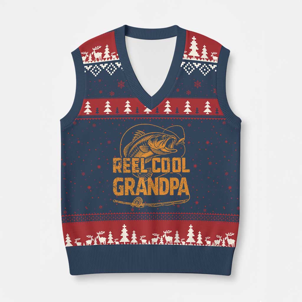 Reel Cool Grandpa V-Neck Knit Sweater Vest Funny Fishing Fisherman Fathers Day TS10 Navy Red Print Your Wear
