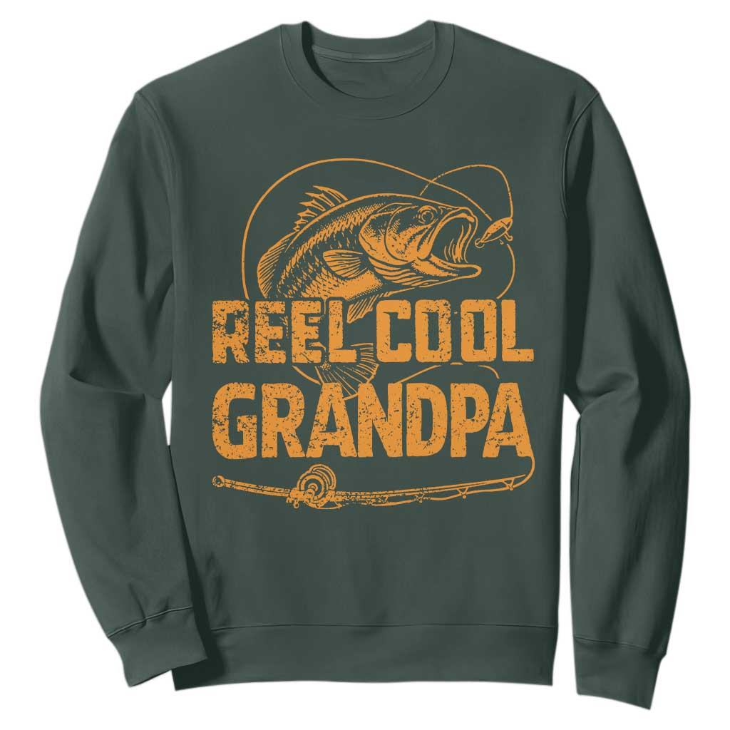 Reel Cool Grandpa Sweatshirt Funny Fishing Fisherman Fathers Day TS10 Dark Forest Green Print Your Wear