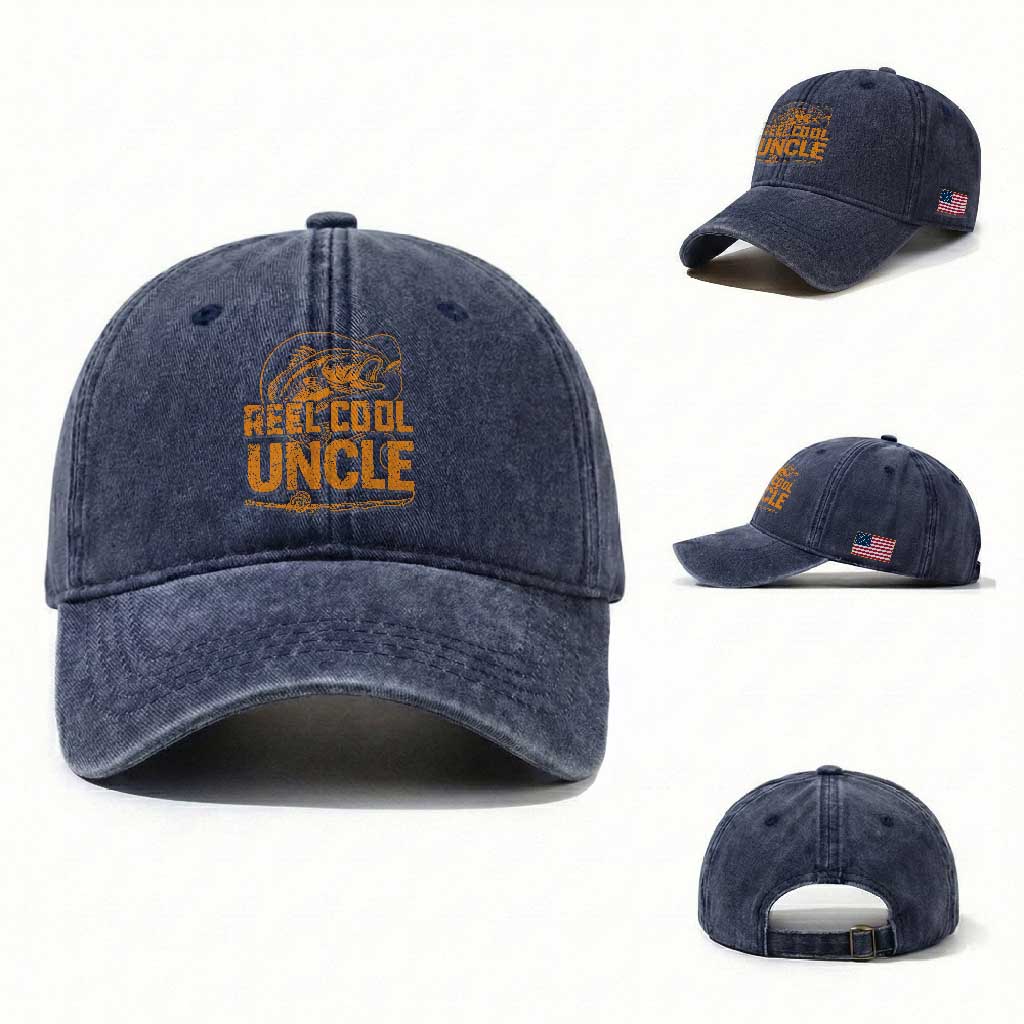 Reel Cool Uncle Washed Cotton Baseball Cap Funny Fishing Fisherman Fathers Day TS10 Washed Cap Universal Fit Navy Print Your Wear