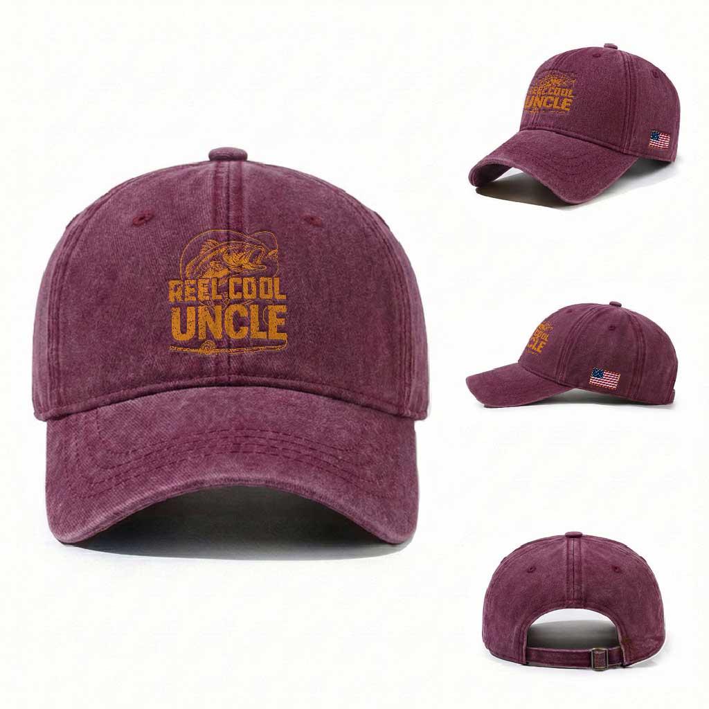 Reel Cool Uncle Washed Cotton Baseball Cap Funny Fishing Fisherman Fathers Day TS10 Washed Cap Universal Fit Burgundy Print Your Wear