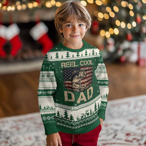 Reel Cool Dad Ugly Christmas Sweater Funny Fishing USA Flag Patriotic Fisherman Fathers Day TS10 Forest Green Beige Print Your Wear