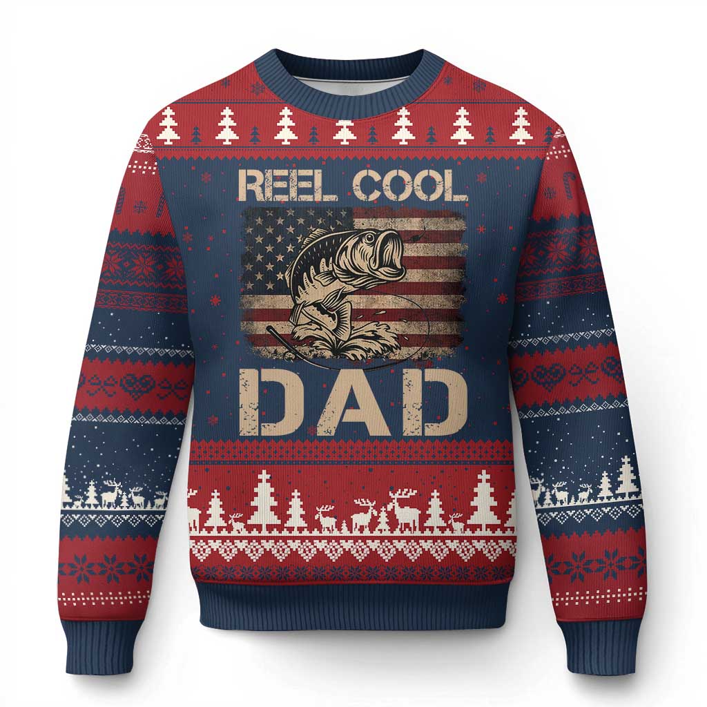 Reel Cool Dad Ugly Christmas Sweater Funny Fishing USA Flag Patriotic Fisherman Fathers Day TS10 Navy Red Print Your Wear