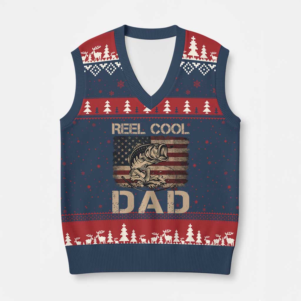 Reel Cool Dad V-Neck Knit Sweater Vest Funny Fishing USA Flag Patriotic Fisherman Fathers Day TS10 Navy Red Print Your Wear