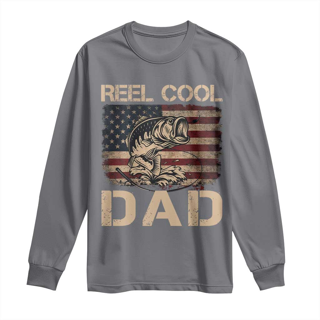 Reel Cool Dad Long Sleeve Shirt Funny Fishing USA Flag Patriotic Fisherman Fathers Day TS10 Charcoal Print Your Wear