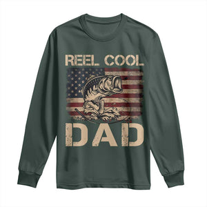 Reel Cool Dad Long Sleeve Shirt Funny Fishing USA Flag Patriotic Fisherman Fathers Day TS10 Dark Forest Green Print Your Wear
