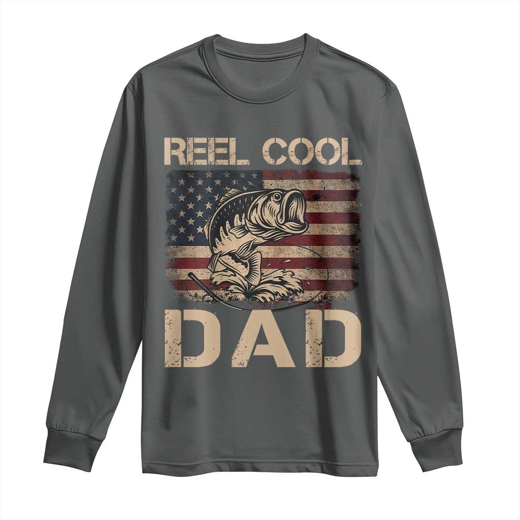 Reel Cool Dad Long Sleeve Shirt Funny Fishing USA Flag Patriotic Fisherman Fathers Day TS10 Dark Heather Print Your Wear
