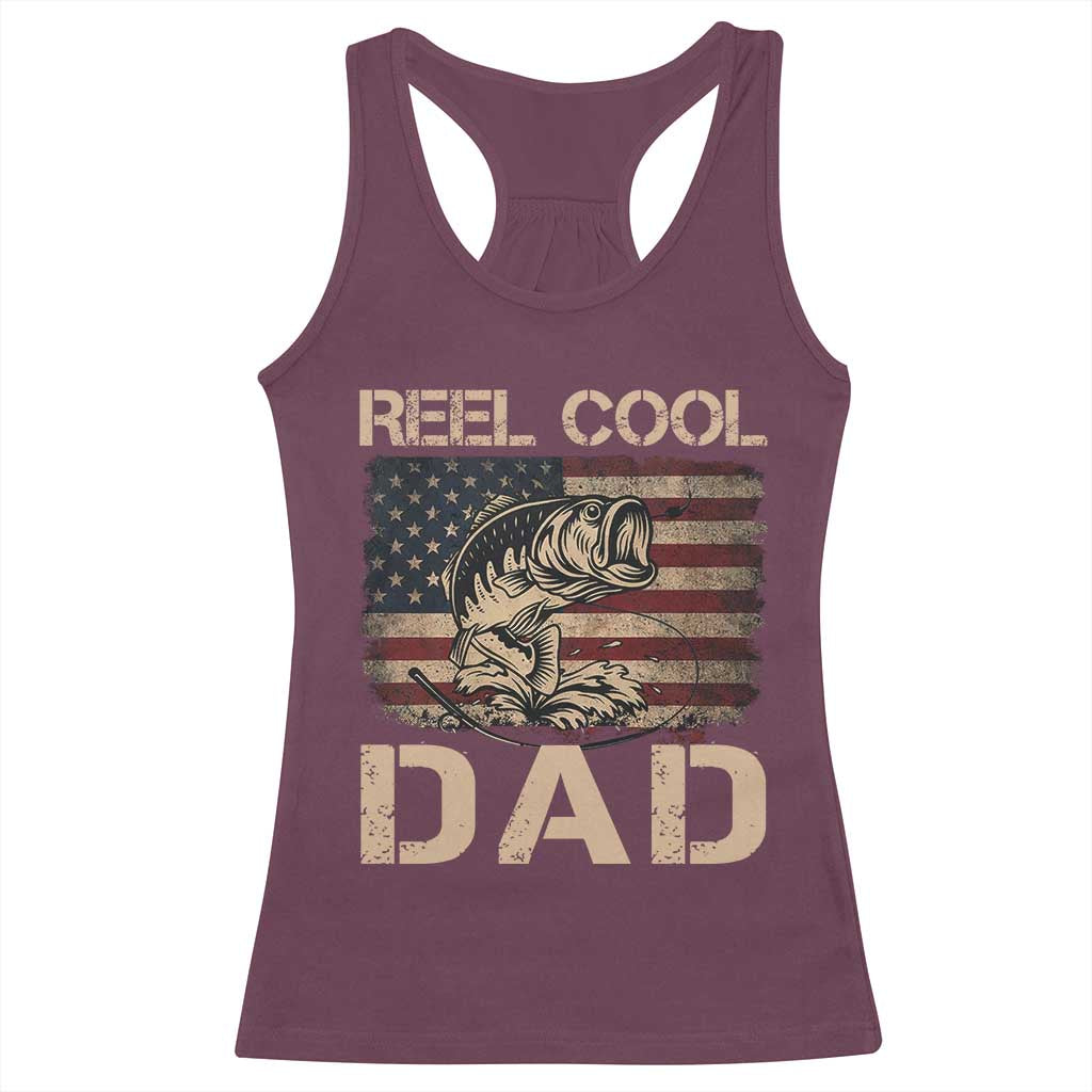 Reel Cool Dad Racerback Tank Top Funny Fishing USA Flag Patriotic Fisherman Fathers Day TS10 Maroon Print Your Wear