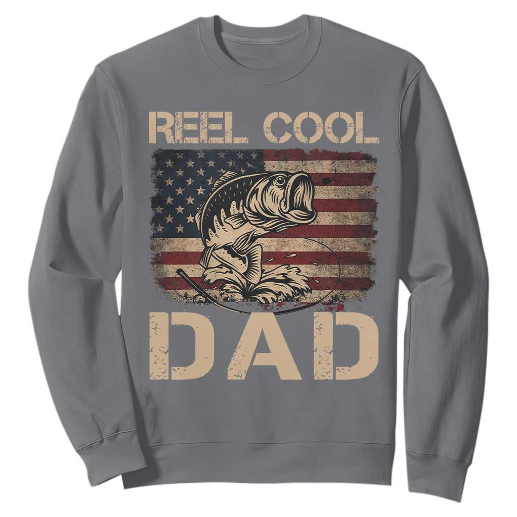 Reel Cool Dad Sweatshirt Funny Fishing USA Flag Patriotic Fisherman Fathers Day TS10 Charcoal Print Your Wear