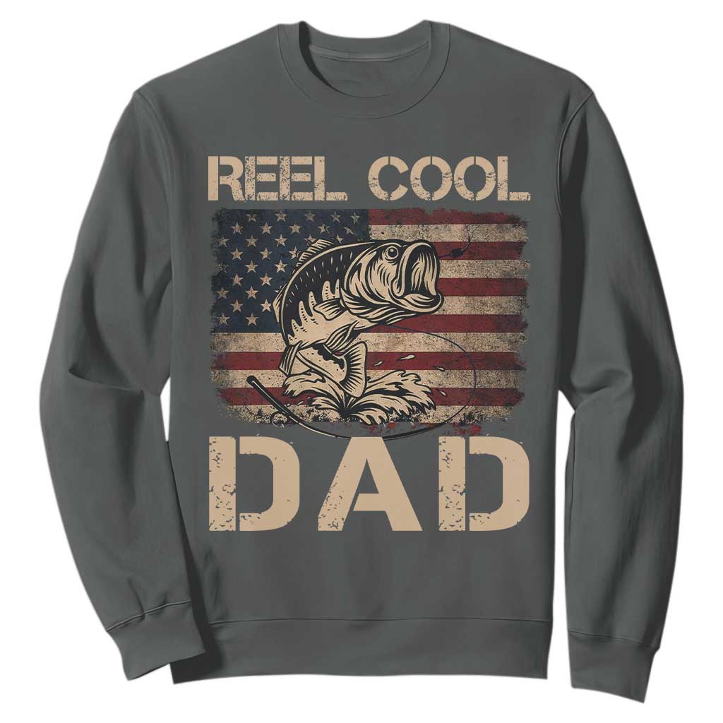 Reel Cool Dad Sweatshirt Funny Fishing USA Flag Patriotic Fisherman Fathers Day TS10 Dark Heather Print Your Wear
