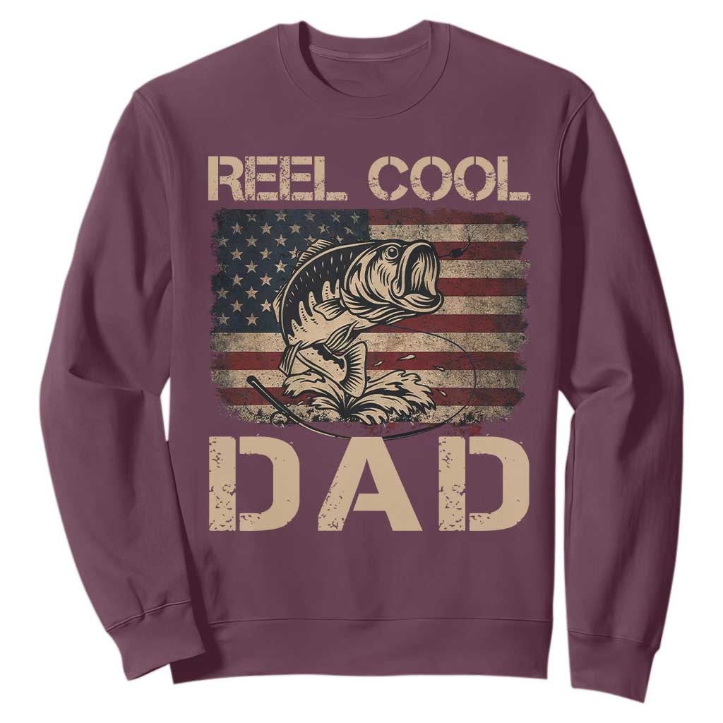 Reel Cool Dad Sweatshirt Funny Fishing USA Flag Patriotic Fisherman Fathers Day TS10 Maroon Print Your Wear