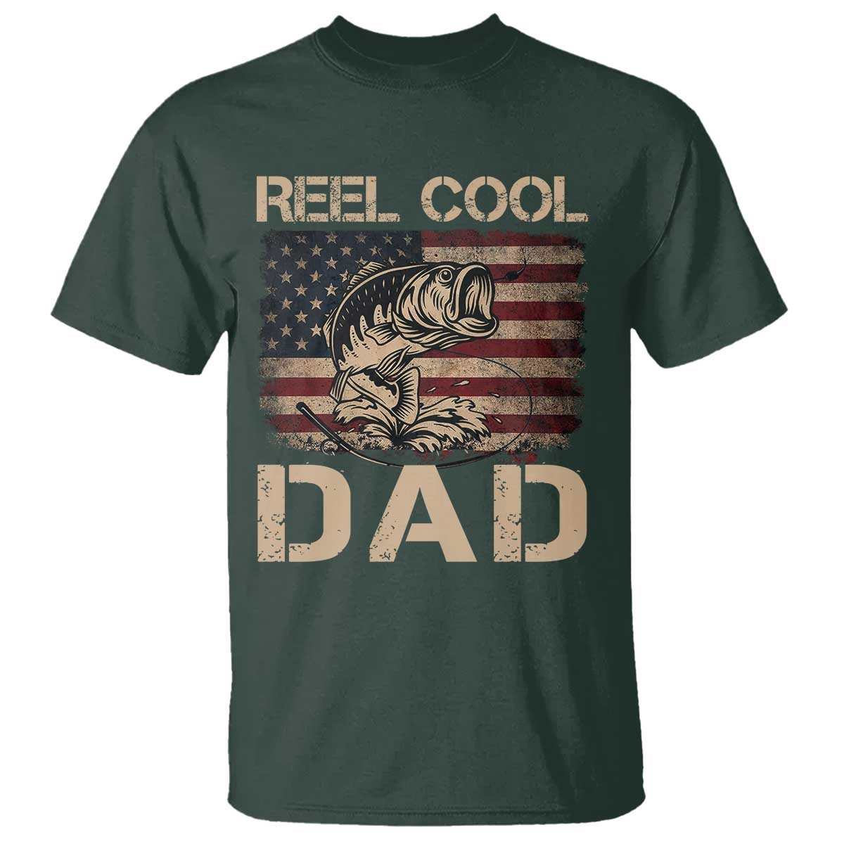 Reel Cool Dad T Shirt Funny Fishing USA Flag Patriotic Fisherman Fathers Day TS10 Dark Forest Green Print Your Wear