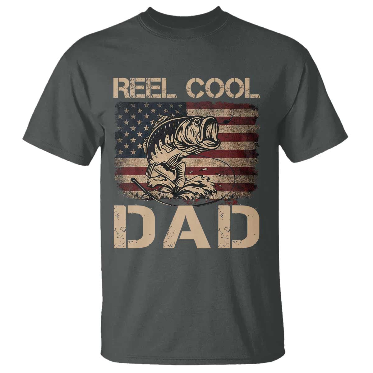 Reel Cool Dad T Shirt Funny Fishing USA Flag Patriotic Fisherman Fathers Day TS10 Dark Heather Print Your Wear