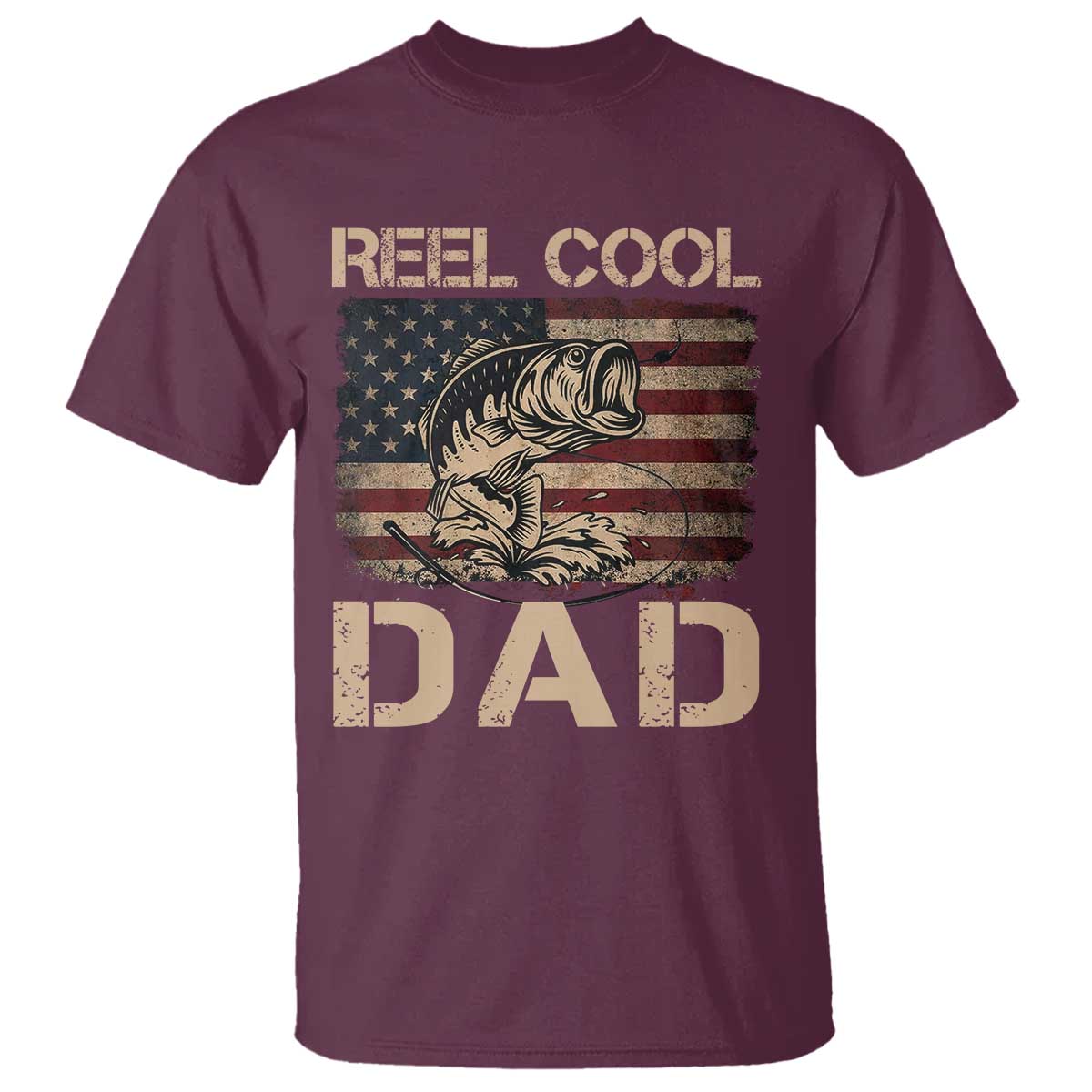 Reel Cool Dad T Shirt Funny Fishing USA Flag Patriotic Fisherman Fathers Day TS10 Maroon Print Your Wear