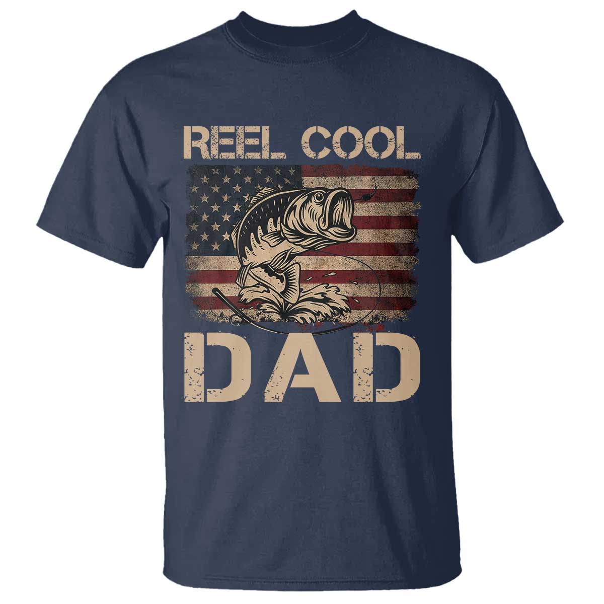 Reel Cool Dad T Shirt Funny Fishing USA Flag Patriotic Fisherman Fathers Day TS10 Navy Print Your Wear