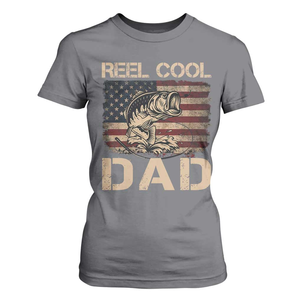 Reel Cool Dad T Shirt For Women Funny Fishing USA Flag Patriotic Fisherman Fathers Day TS10 Charcoal Print Your Wear